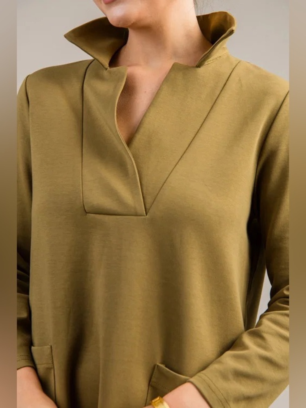 ENTRO Phoebe Vneck Knit Mini Longsleeve Dress Medium Olive Green - Picture 5 of 11